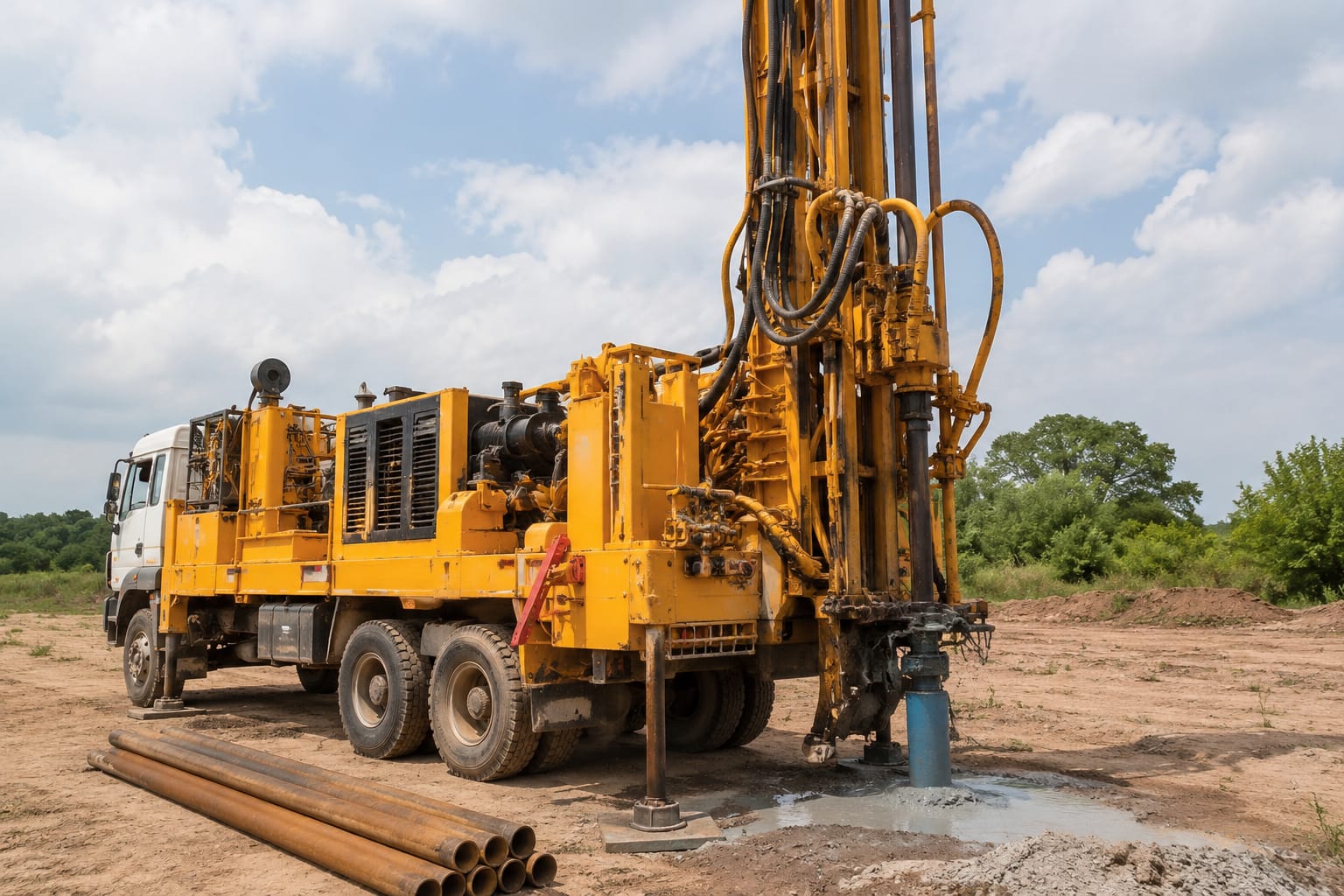 Borehole drilling rig on site