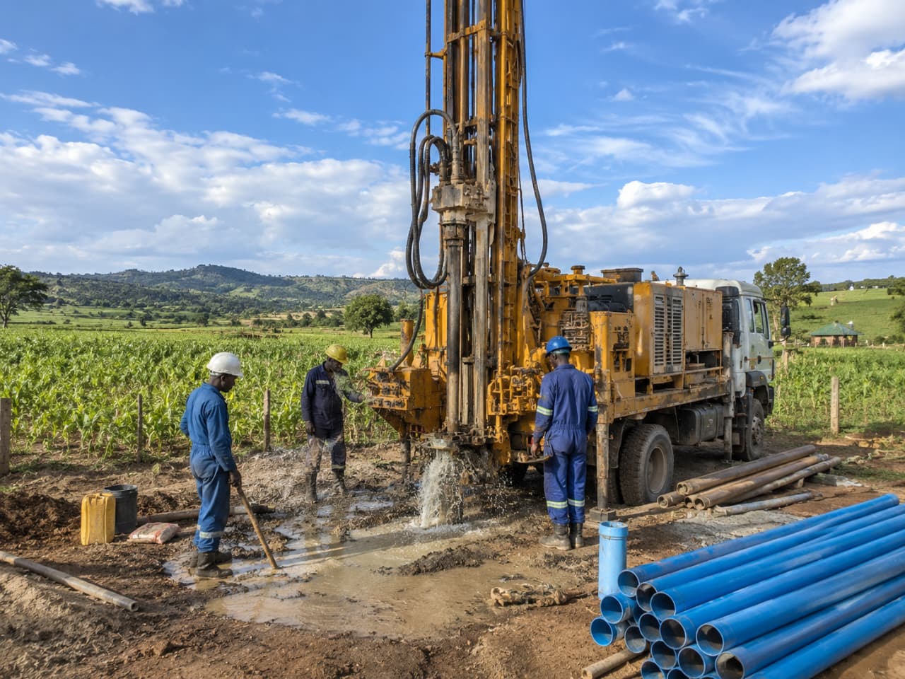 Borehole drilling rig in action